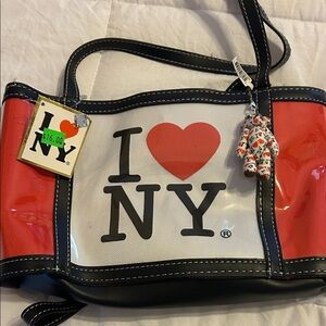 I ❤️ NY Chic vinyl Tote Bag - Red and Black, with mini bear zip accessory